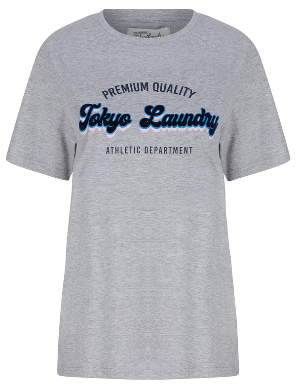 Kennedy Flocked Motif Cotton Jersey T-Shirt in Light Grey Marl - Tokyo Laundry