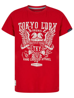 Boys Double Bird Motif Cotton T-Shirt in Barados Cherry - Tokyo Laundry Kids