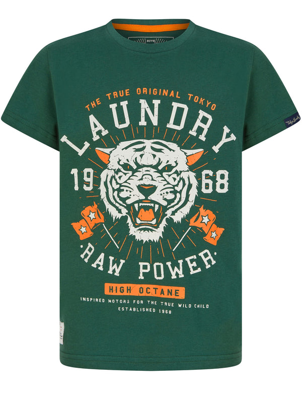 Boys Raw Power Motif Cotton T-Shirt in Dark Green - Tokyo Laundry Kids