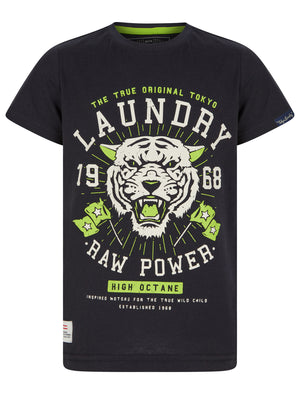 Boys Raw Power Motif Cotton T-Shirt in Jet Black - Tokyo Laundry Kids