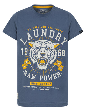 Boys Raw Power Motif Cotton T-Shirt in Vintage Indigo - Tokyo Laundry Kids