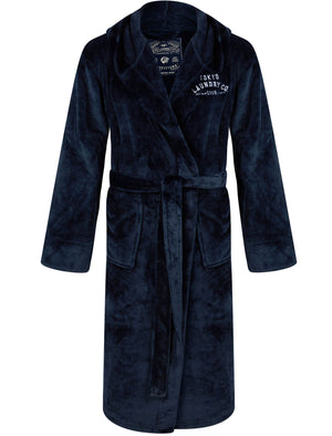 Men's Kirkway Soft Fleece Hooded Dressing Gown with Tie Belt in Blue - Tokyo Laundry