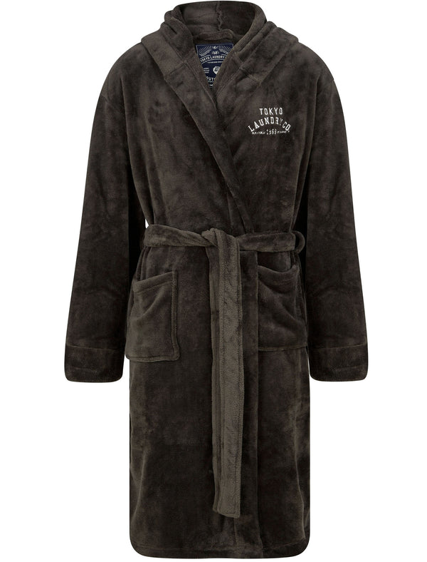 Men's Kirkway Soft Fleece Hooded Dressing Gown with Tie Belt in Dark Grey - Tokyo Laundry