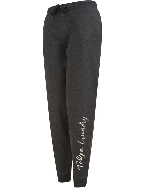 Kruze Brushback Fleece Cuffed Joggers with Foil Motif in Charcoal Marl - Tokyo Laundry