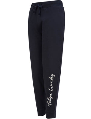 Kruze Brushback Fleece Cuffed Joggers with Foil Motif in Sky Captain Navy - Tokyo Laundry