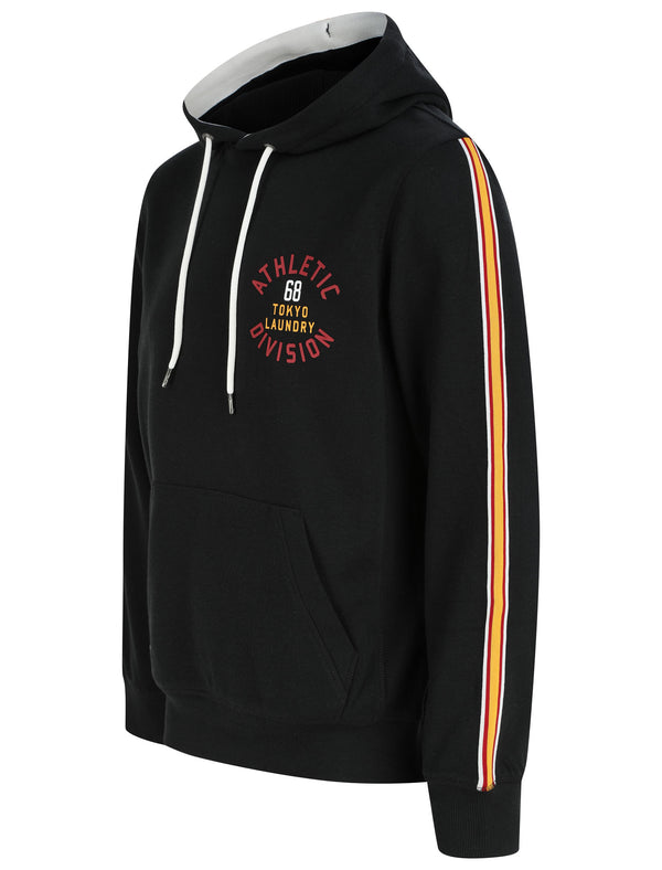 Lawthorn Brushback Fleece Pullover Hoodie with Tape Sleeve Detail in Jet Black - Tokyo Laundry