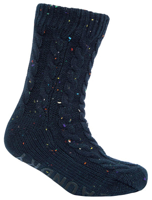 Leven Borg Lined Chunky Cable Knit Slipper Socks in Navy Nep - Tokyo Laundry