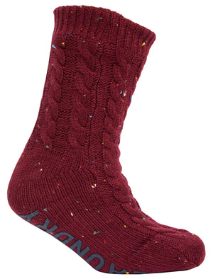 Leven Borg Lined Chunky Cable Knit Slipper Socks in Oxblood Nep - Tokyo Laundry