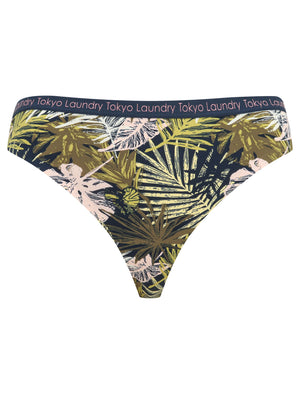 Liana (3 Pack) No VPL Seam Free Assorted Thongs in Burnt Olive / Midnight Blue / Palm Leaf Print - Tokyo Laundry
