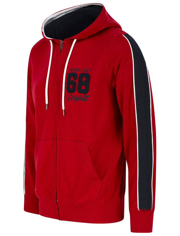 Limbus Brushback Fleece Zip Through Hoodie with Tape Sleeve Detail in Rio Red - Tokyo Laundry