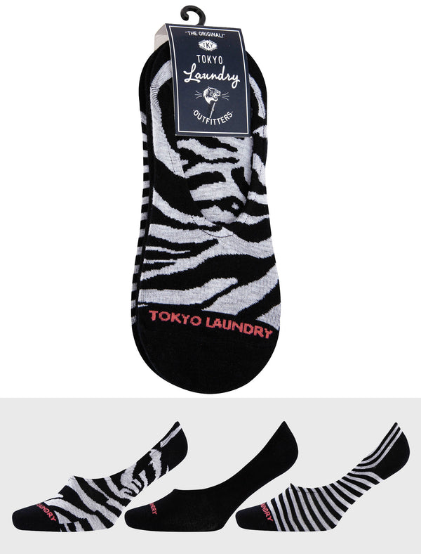 Liner Rapunzel (3 Pack) Assorted Cotton Rich Footsie Socks in Zebra / Black / Stripes - Tokyo Laundry
