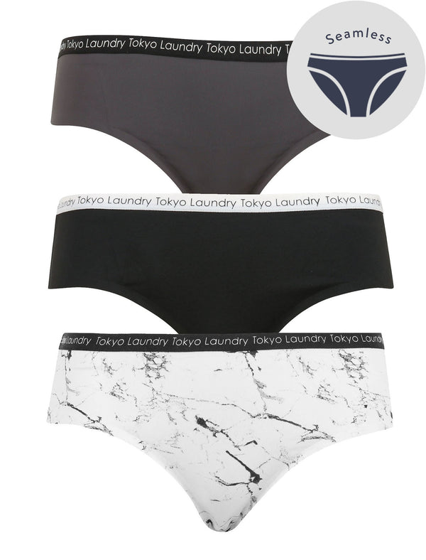 Lume (3 Pack)  No VPL Seam Free Assorted Briefs in Nine Iron / Jet Black / White Marble Print - Tokyo Laundry