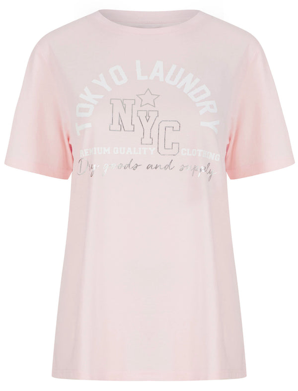 Madelyn Silver Foil Motif Cotton Jersey T-Shirt in Pink Blossom - Tokyo Laundry
