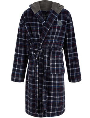 mens hooded dressing gown Men's Mainway Plaid Design Soft Fleece Dressing Gown with Hood in Navy – Tokyo Laundry