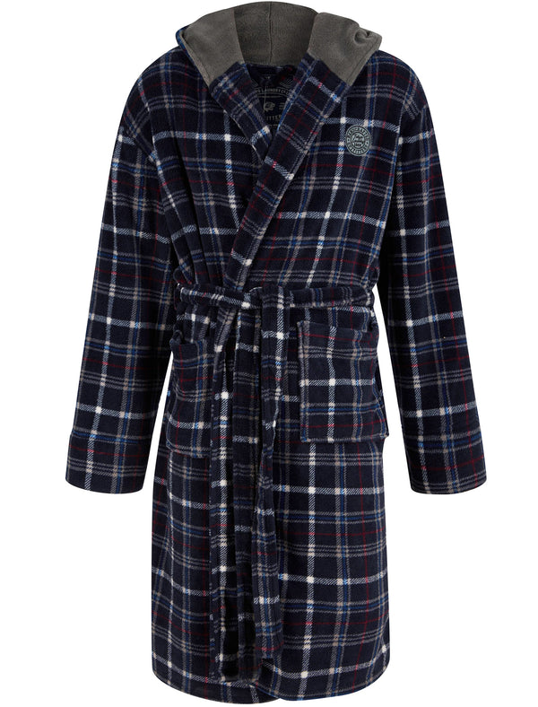 Men's Mainway Plaid Design Soft Fleece Dressing Gown with Hood in Navy Check - Tokyo Laundry