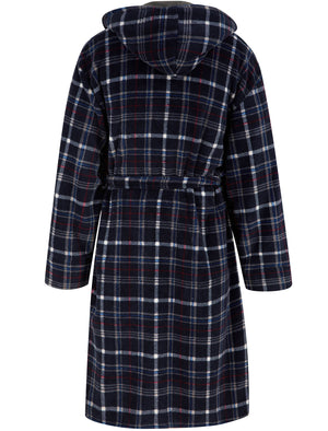 Men's Mainway Plaid Design Soft Fleece Dressing Gown with Hood in Navy Check - Tokyo Laundry