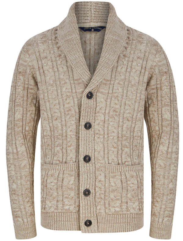 Manji Cable Knitted Wool Blend Cardigan with Shawl Collar In Natural Twist - Tokyo Laundry
