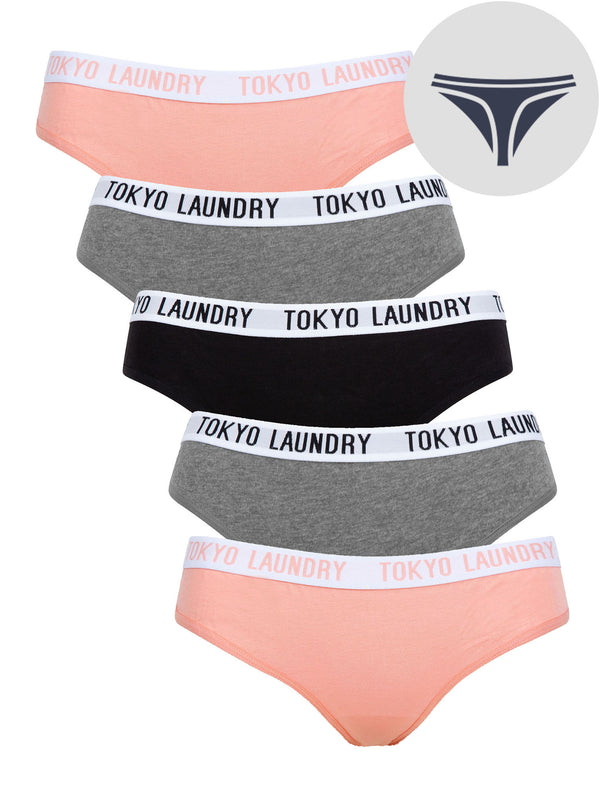 Milla (5 Pack) Cotton Assorted Thongs in Bridal Rose / Mid Grey Marl / Jet Black - Tokyo Laundry