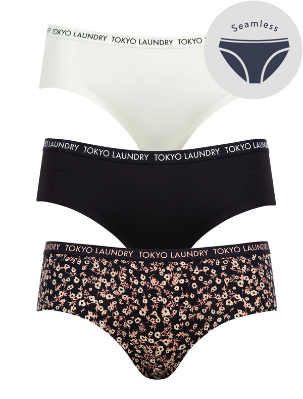 Minerva (3 Pack) Floral Print No VPL Seam Free Assorted Briefs In Egret Ivory / Jet Black / Dress Blue - Tokyo Laundry