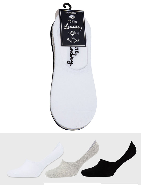 Liner Crowe (3 Pack) Basic Cotton Rich Footsie Socks in White / Grey Marl / Black - Tokyo Laundry