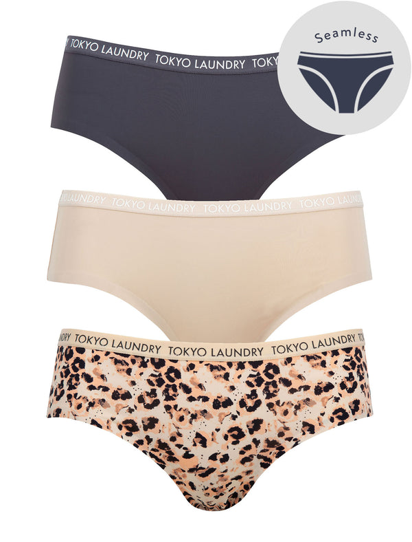 Moi (3 Pack) Leopard Print No VPL Seam Free Assorted Briefs In Nine Iron / Nude / Appleblossom - Tokyo Laundry