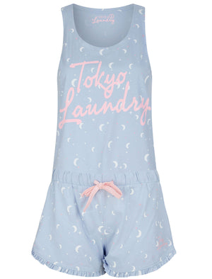 Moon And Stars Print 2 Pc Shortie Lounge Set in Powder Blue - Tokyo Laundry