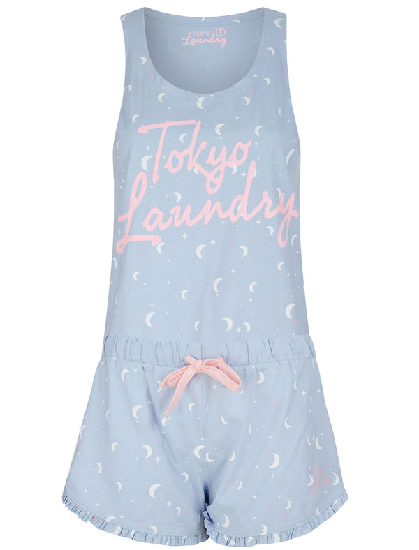 Moon And Stars Print 2 Pc Shortie Lounge Set in Powder Blue - Tokyo Laundry