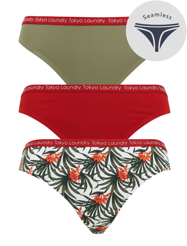 Morella (3 Pack) No VPL Seam Free Assorted Thongs in Deep Lichen Green / Red Dahlia / Egret Ivory - Tokyo Laundry