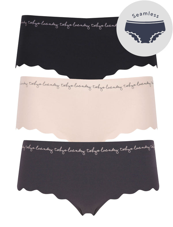 Nilia (3 Pack) Scallop Trim No VPL Seam Free Assorted Briefs In Jet Black / Nude / Nine Iron - Tokyo Laundry