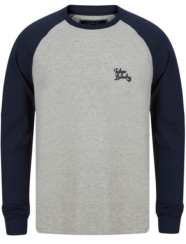 Oron Cotton Jersey Baseball Raglan Long Sleeve Top In Sky Captain Navy / Light Grey Marl - Tokyo Laundry