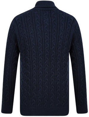 Parallax Wool Blend Shawl Neck Cable Knit Jumper in Sky Captain Navy - Tokyo Laundry