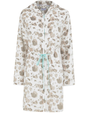 Women's Pastel Leopard Print Soft Fleece Zip Up Dressing Gown in Coconut Milk - Tokyo Laundry