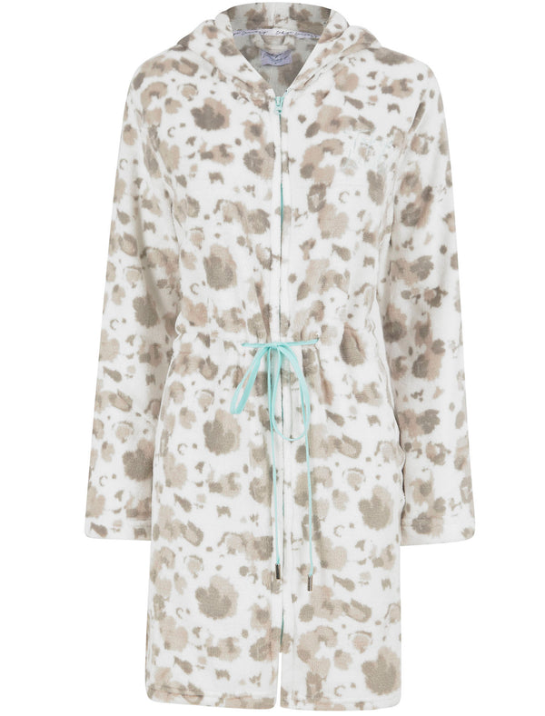 Women's Pastel Leopard Print Soft Fleece Zip Up Dressing Gown in Coconut Milk - Tokyo Laundry