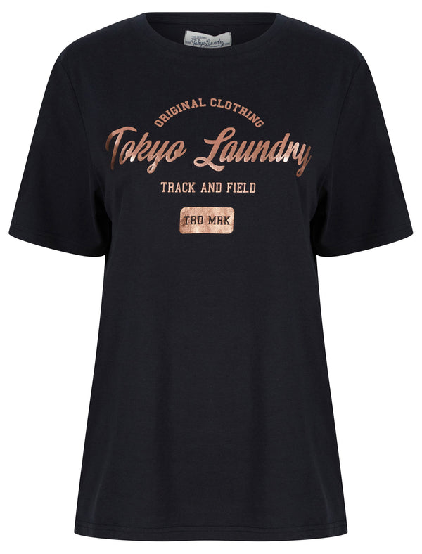 Payton Rose Gold Foil Motif Cotton Jersey T-Shirt in Jet Black - Tokyo Laundry