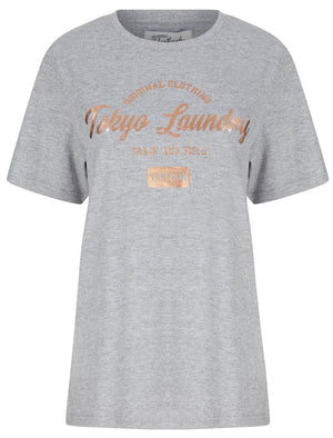 Payton Rose Gold Foil Motif Cotton Jersey T-Shirt in Light Grey Marl - Tokyo Laundry