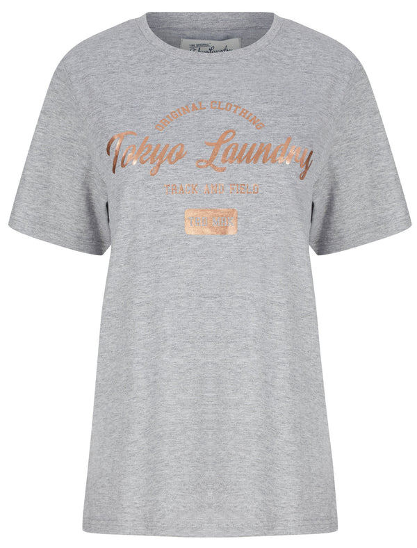 Payton Rose Gold Foil Motif Cotton Jersey T-Shirt in Light Grey Marl - Tokyo Laundry