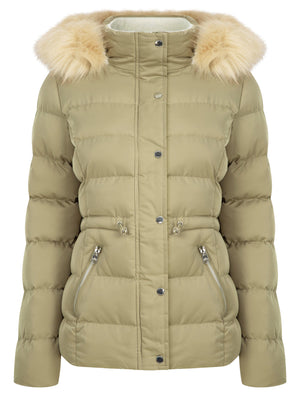 Pisa Quilted Puffer Jacket With Faux Fur Hood In Mermaid Khaki - Tokyo Laundry
