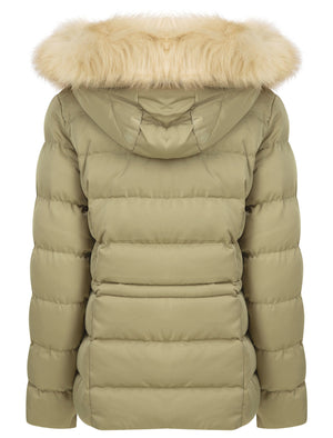 Pisa Quilted Puffer Jacket With Faux Fur Hood In Mermaid Khaki - Tokyo Laundry