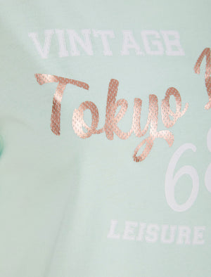 Quinn Rose Gold Foil Motif Cotton Jersey T-Shirt in Dusty Green - Tokyo Laundry
