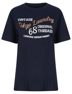 Quinn Rose Gold Foil Motif Cotton Jersey T-Shirt in Sky Captain Navy - Tokyo Laundry
