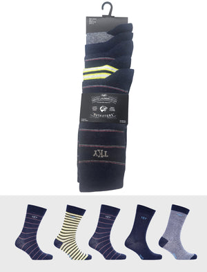 Rayleigh (5 Pack) Cotton Rich Multi-coloured Striped Socks in Dark Denim Marl / Light Grey Marl - Tokyo Laundry