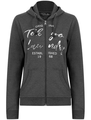 Rayne Zip Through Hoodie with Foil Motif in Charcoal Marl - Tokyo Laundry