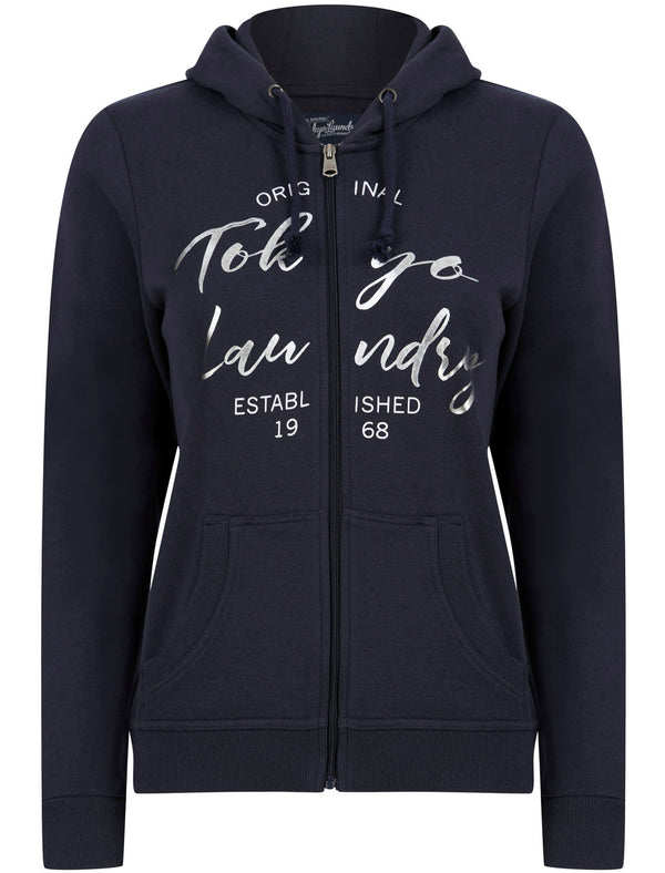 Rayne Zip Through Hoodie with Foil Motif in Sky Captain Navy - Tokyo Laundry