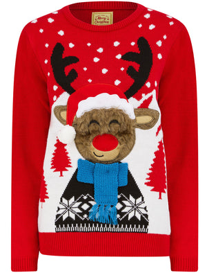 Women's Reindeer Santa Hat Motif Novelty Christmas Jumper in Red - Merry Christmas