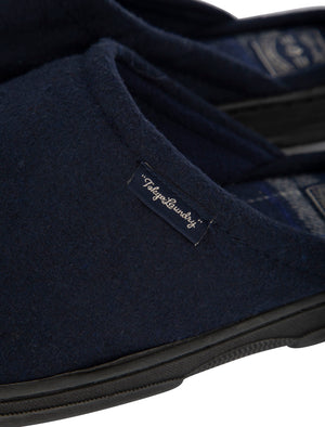 Rickman Mule Slippers with Brushed Check Lining in Navy - Tokyo Laundry