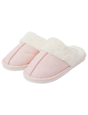 Rio Faux Suede Mule Slippers with Faux Fur Lining & Trim in Light Pink - Tokyo Laundry