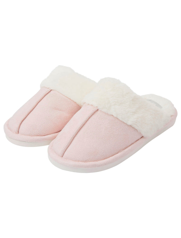 Rio Faux Suede Mule Slippers with Faux Fur Lining & Trim in Light Pink - Tokyo Laundry