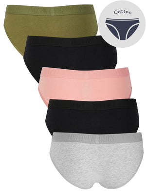Roo (5 Pack) Cotton Assorted Briefs in Khaki / Black / Blush Pink / Light Grey Marl - Tokyo Laundry