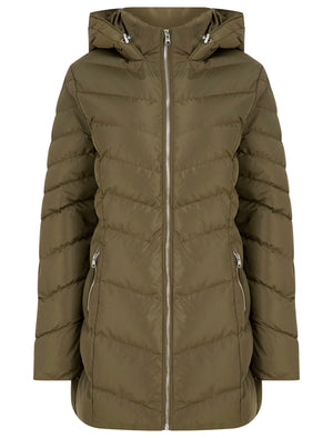 Safflower 2 Longline Quilted Puffer Coat with Hood In Khaki - Tokyo La ...
