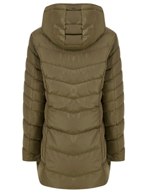 Safflower 2 Longline Quilted Puffer Coat with Hood In Khaki - Tokyo Laundry